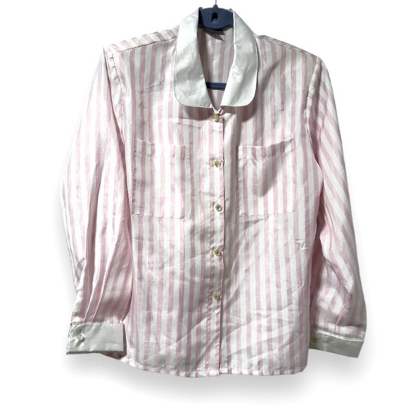 💙 Vintage Savant Pink White Striped Tie Neck Secretary Blouse Size Large Retro - Picture 2 of 16